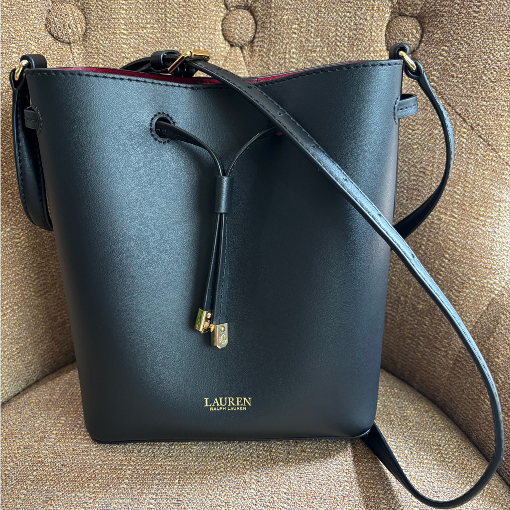 Ralph Lauren Black Derby Leather Bucket Crossbody With Gold Hardware